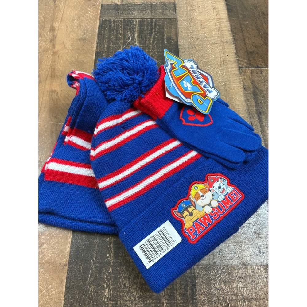 Paw Patrol Boys Blue Red Stripe Beanie Scarf Gloves Set Pawsome Nickelodeon NWT